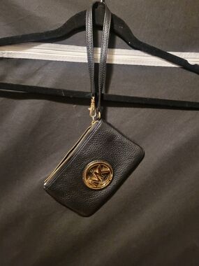 Michael Kors Black Leather Wristlet with Gold MK Emblem